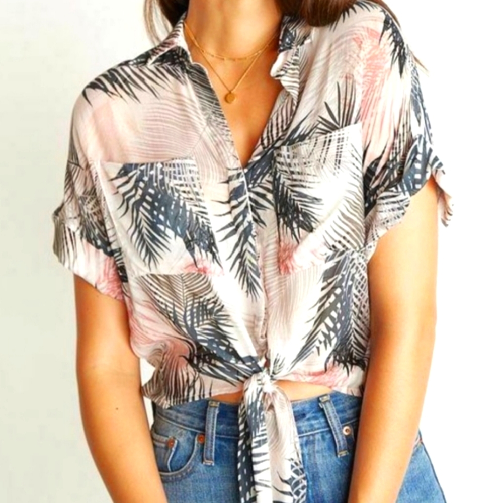 Anthropologie cloth&stone tropical print tie front sleeveless buttondown top xs